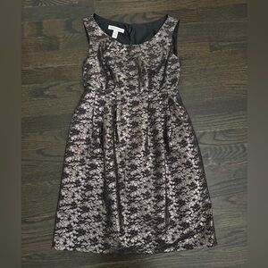 London Times Black and Silver Brocade Empire Waist Mini Dress